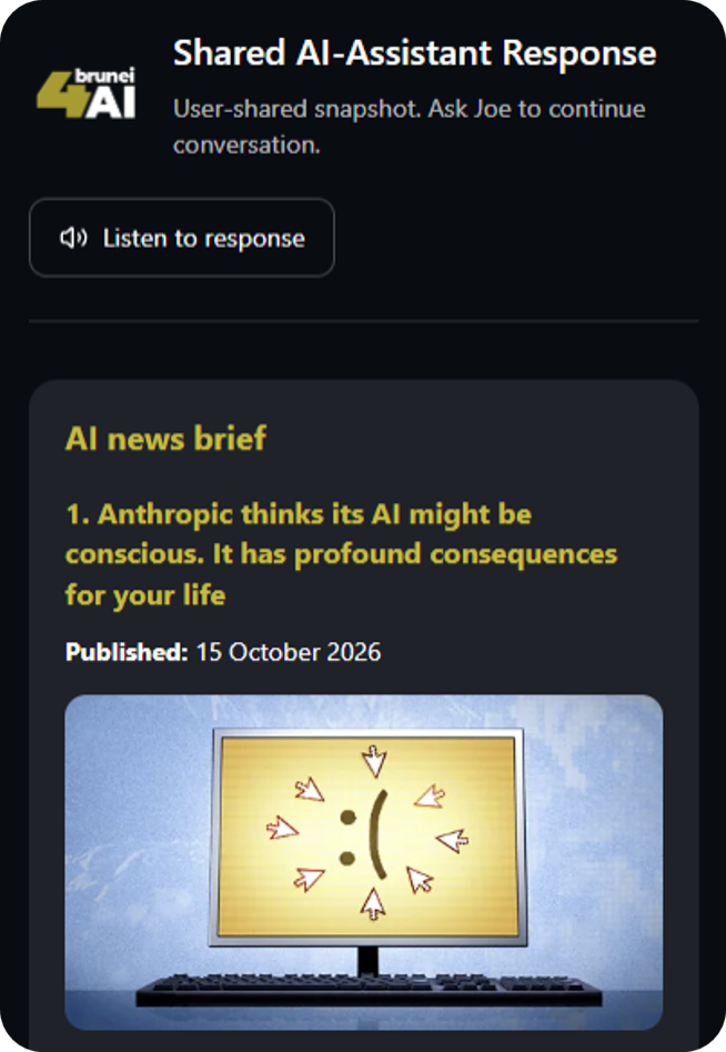 Shared AI-Assistant Response showing an AI news brief and Listen to response control